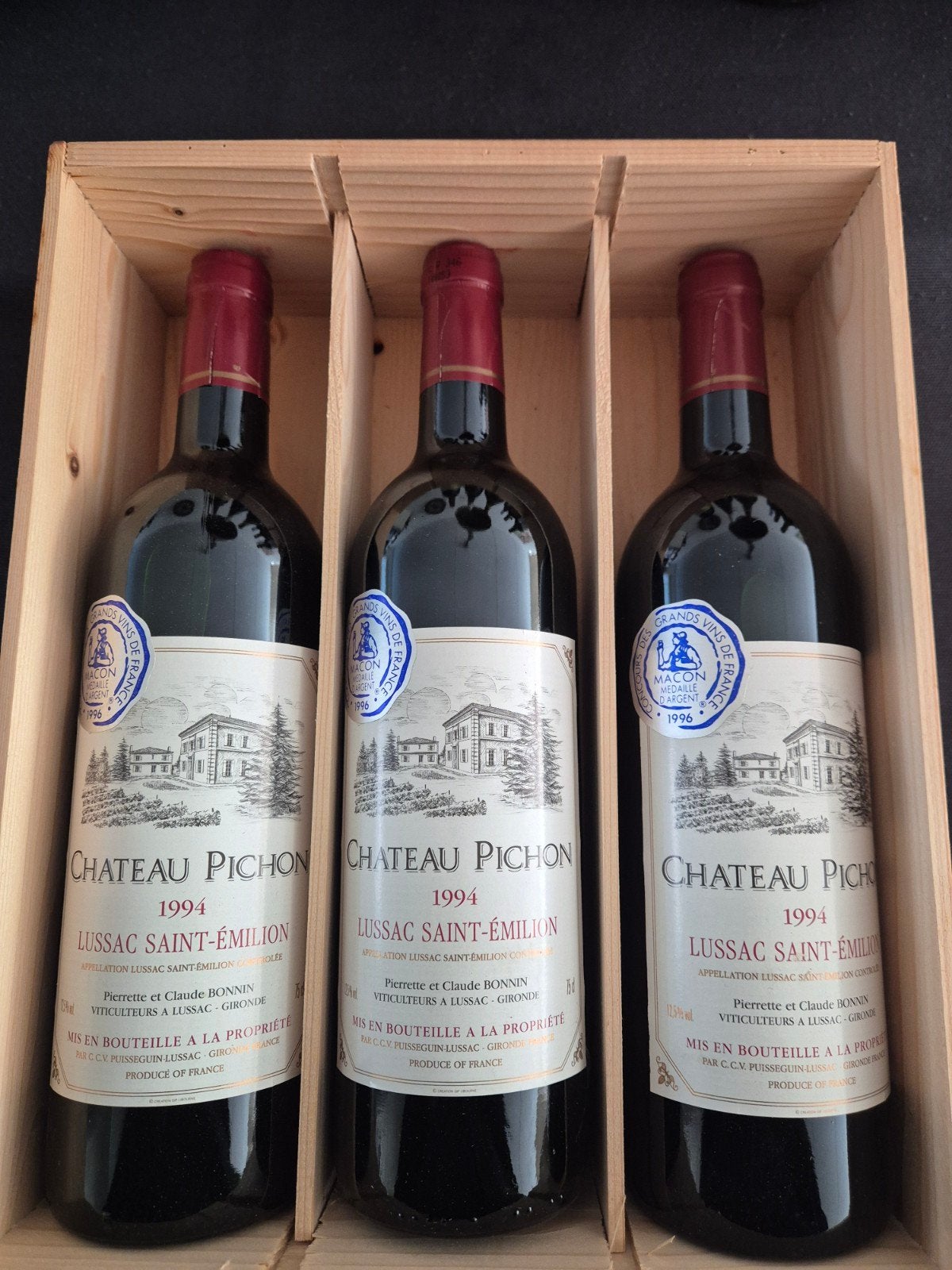 Chateau Pichon Lussac Saint-Émilion 1994 - 3 flessen, Ophalen of Verzenden, Gebruikt, Frankrijk, Rode wijn