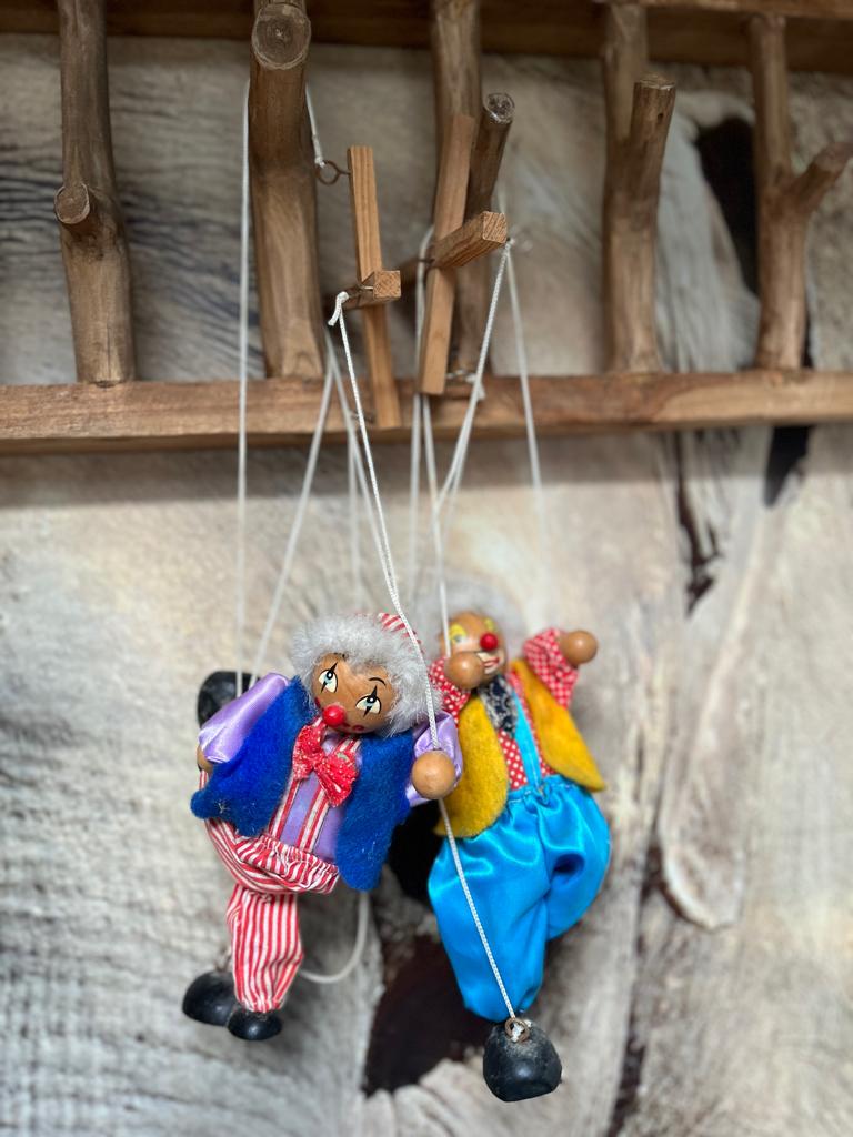 Twee vintage marionet clowntjes, Verzamelen, Poppen, Ophalen of Verzenden, Gebruikt, Pop