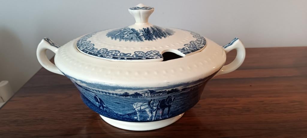 Antiek blauw-wit servies met landschap decor, Ophalen