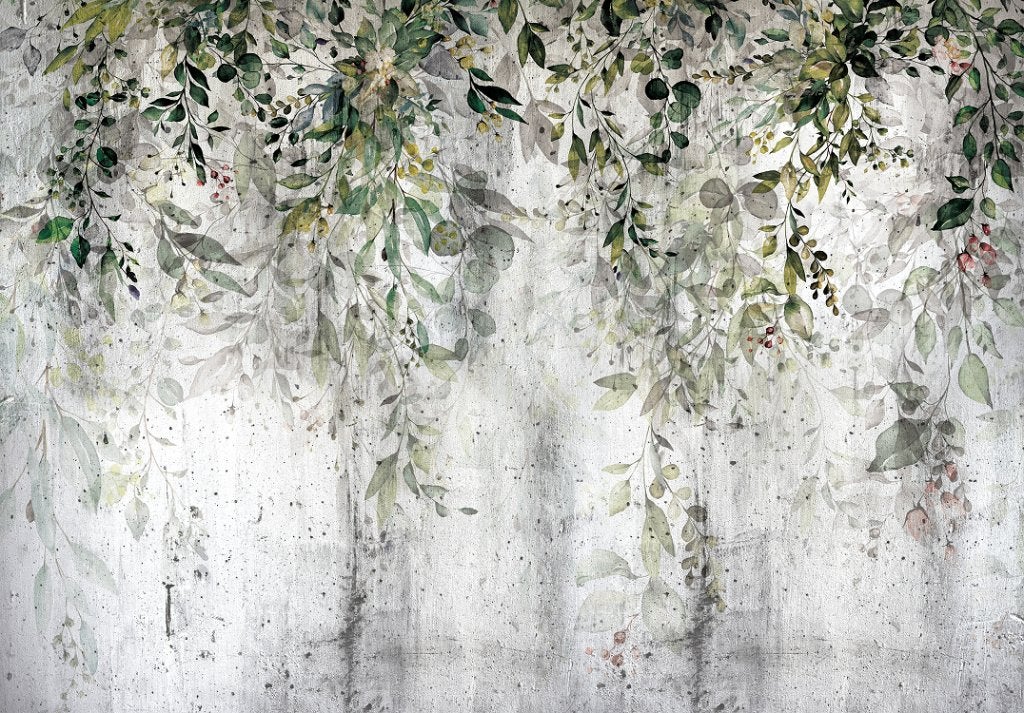 Hangende groene bladeren op beton fotobehang, Botanisch, Ophalen of Verzenden, Fotobehang