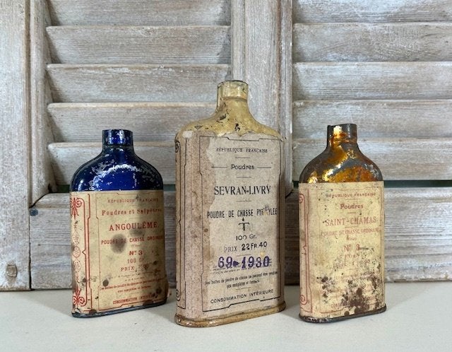 Set van 3 Franse kruitbusjes poudre de chasse flesjes, Antiek en Kunst, Ophalen of Verzenden
