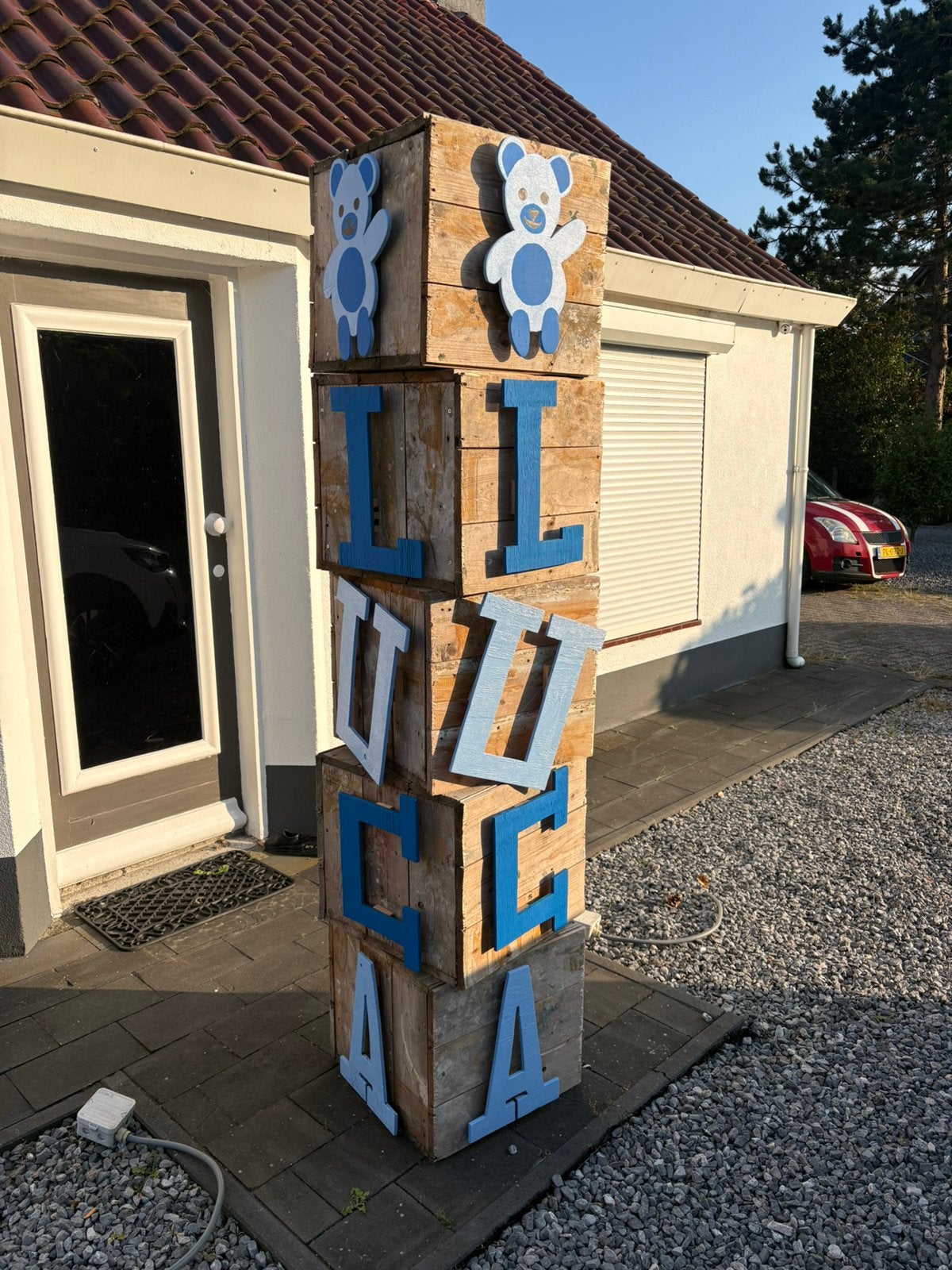 Mooi geboorte bord stapelblokken, Ophalen, Zo goed als nieuw