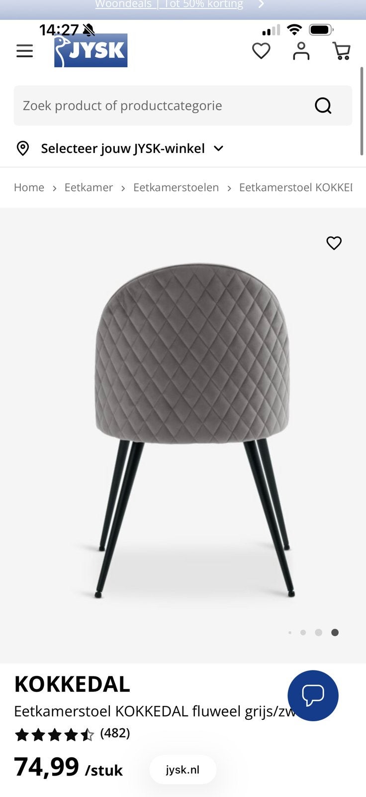 Jysk eetkamerstoelen grijs zwart fluweel, Ophalen, Nieuw, Grijs, Twee