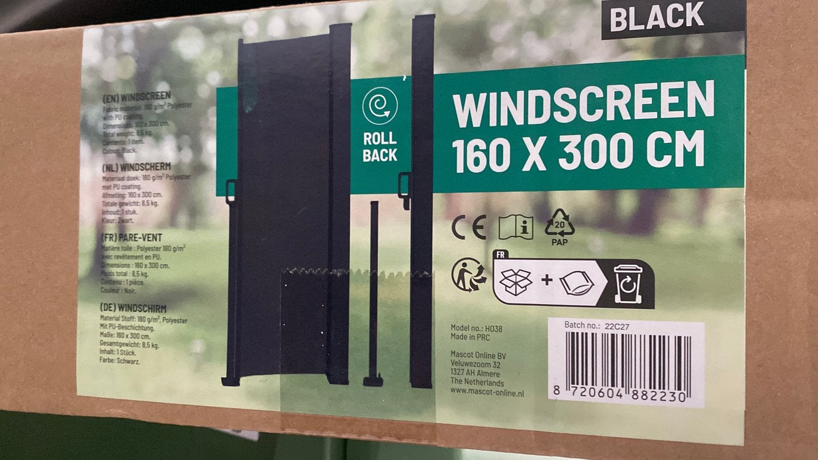 Nieuw Windscreen Oprolbaar windscherm 1.60 x 3.00, Ophalen, Uittrekbaar, Nieuw