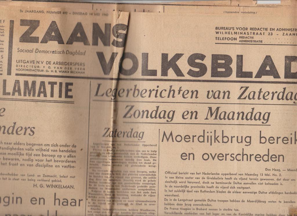 zaans volksblad 14 mei 1940 bezet oorlog inval bezetting, Verzamelen, Ophalen of Verzenden, 1940 tot 1960, Nederland, Krant