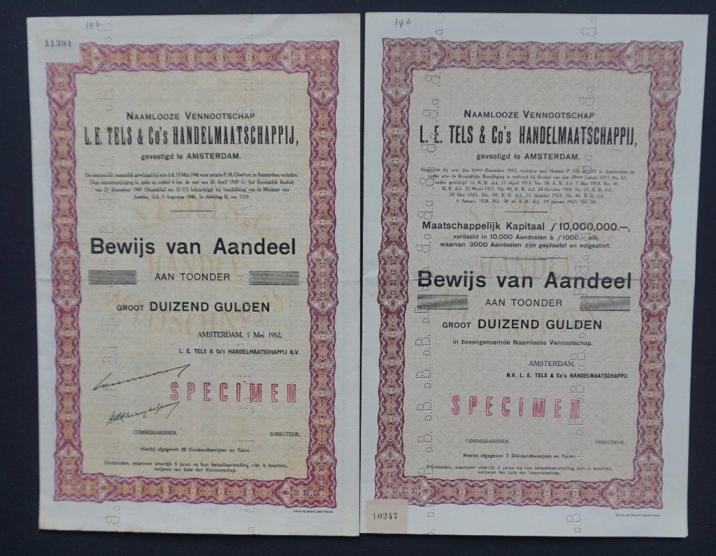 L.E. Tels & Co's Handelmij (Ned.Indie) - 1929/1952 2x, Verzenden, Voor 1920, Aandeel