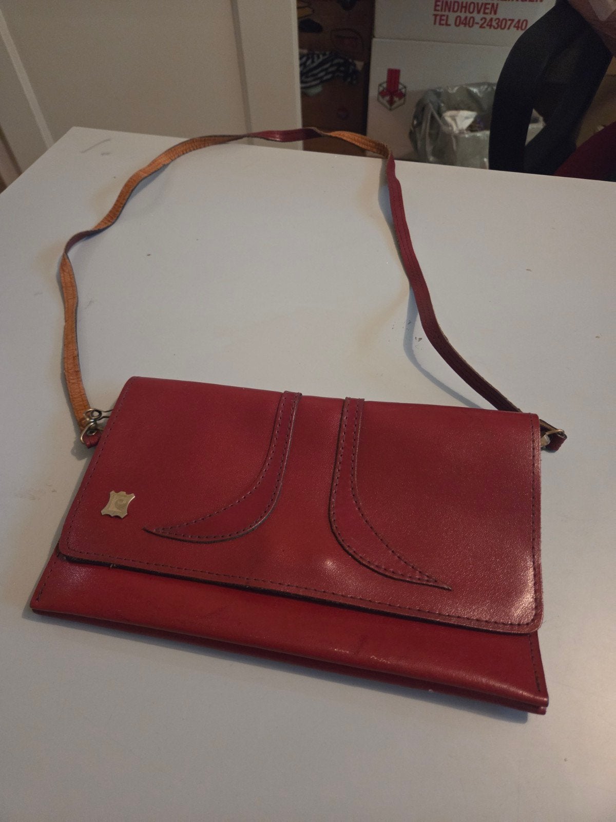 Vintage Rode Leren Schoudertasje - Pierre Cardin, Ophalen of Verzenden, Gebruikt, Rood, Schoudertasje