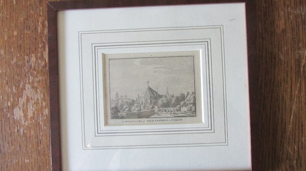kopergravure S Sebastiaans of Kruis Gasthuis te Utrecht, Stadsgezicht, 23 cm, Ophalen of Verzenden, Gravure