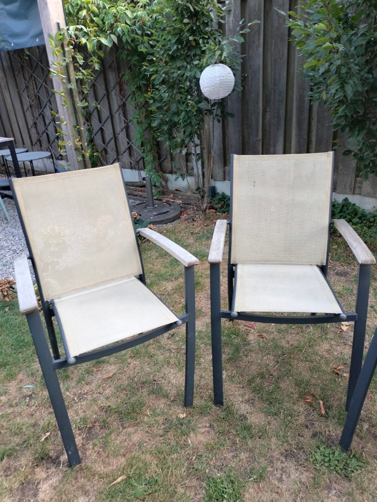 Set van 4 tuinstoelen met textileen ecru-antraciet zitting e, Tuin en Terras, Ophalen, Gebruikt, Aluminium