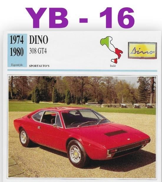Yb16 autokaart dino 308 gt4 ( 1974 - 1980 ), Ophalen of Verzenden, Zo goed als nieuw, Auto's