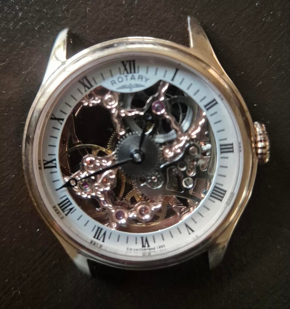Rotary horloge met open uurwerk(is stuk), Ophalen of Verzenden, Leer, Overige merken