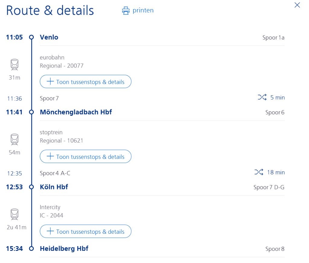 Trein ticket Venlo - Heidelberg 17 juli, Eén persoon, Trein, Buitenland, Met bestemming of datum