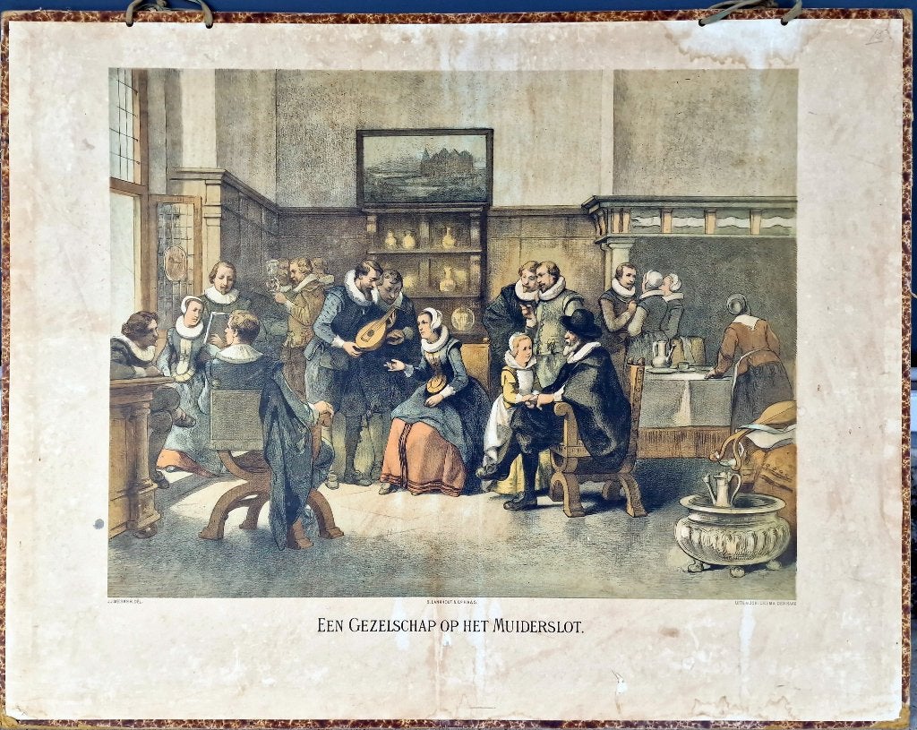 Een gezelschap op het Muiderslot / J. Mesker, Antiek en Kunst, Antiek | Schoolplaten, Ophalen, Geschiedenis