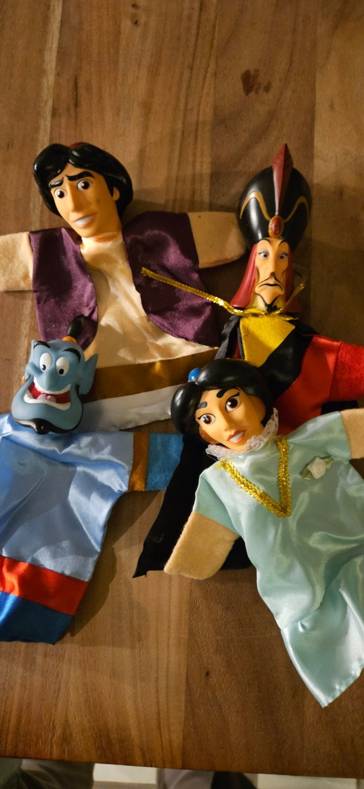 Aladdin handpoppen set: Aladdin, Jasmine, Geest, Jafar, Ophalen of Verzenden, Zo goed als nieuw, Overige typen