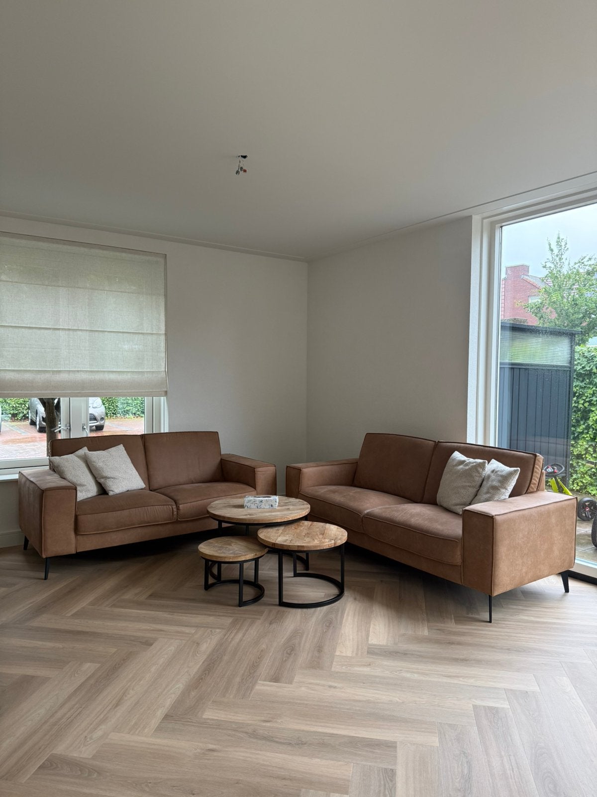Set van 2 en 2,5 zits banken - Licht cognac stof, Ophalen, Gebruikt, Leer