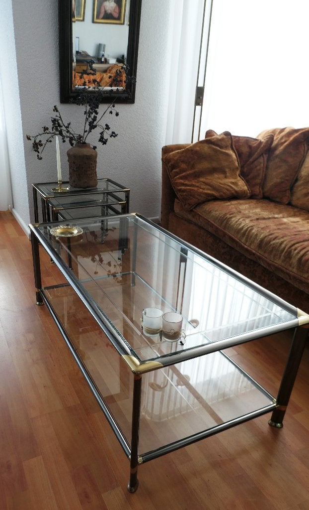 Hollywood Regency Salontafel + Mimiset (Messing & Glas), Ophalen, Minder dan 45 cm, Gebruikt, Glas