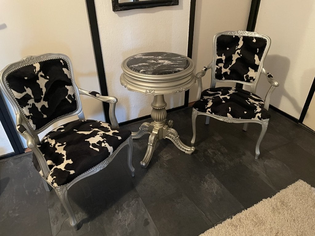 Biedermeier stoelset, nieuw bekleed met koeprint. Uniek!, Antiek en Kunst, Antiek | Meubels | Stoelen en Banken, Ophalen