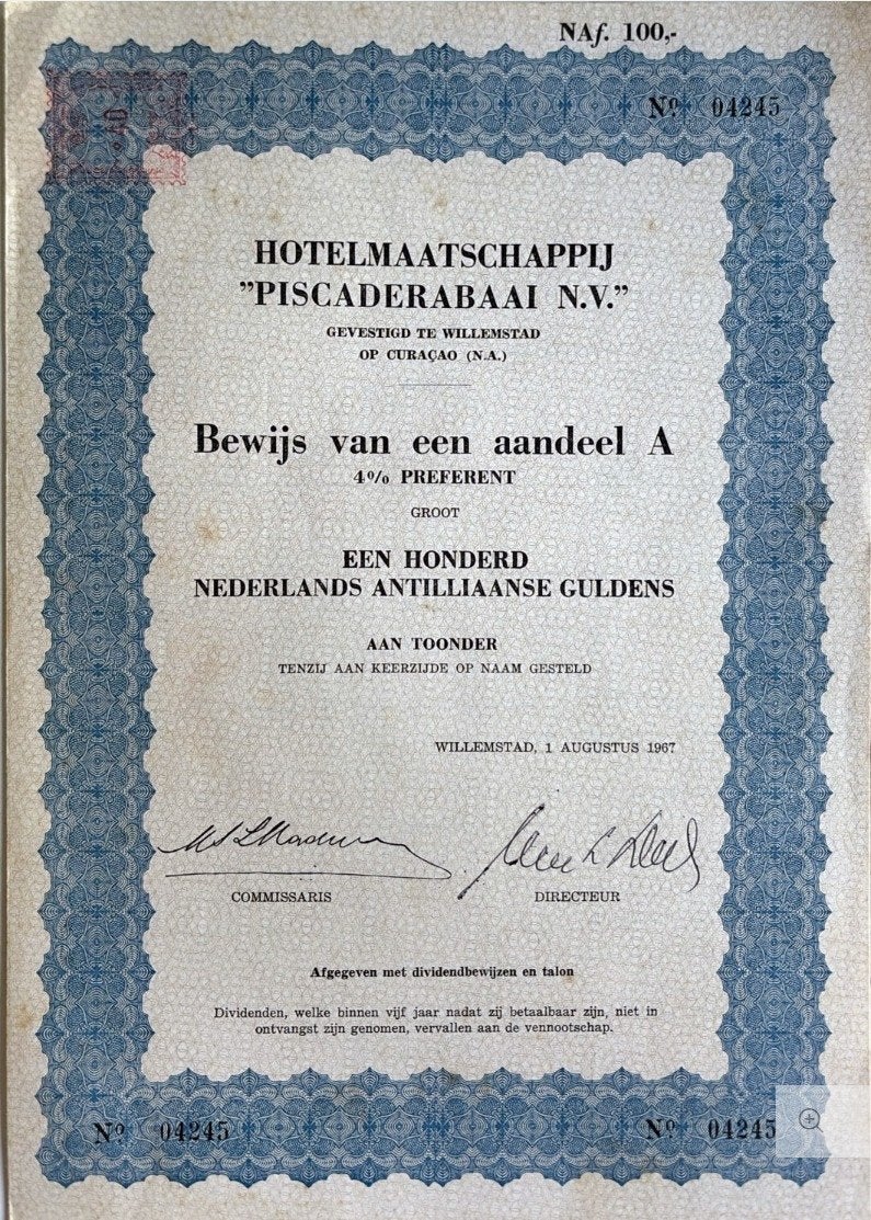 Aandeel Hotelmaatschappij "Piscaderabaai N.V." Curaçao, Ophalen of Verzenden, 1950 tot 1970, Aandeel