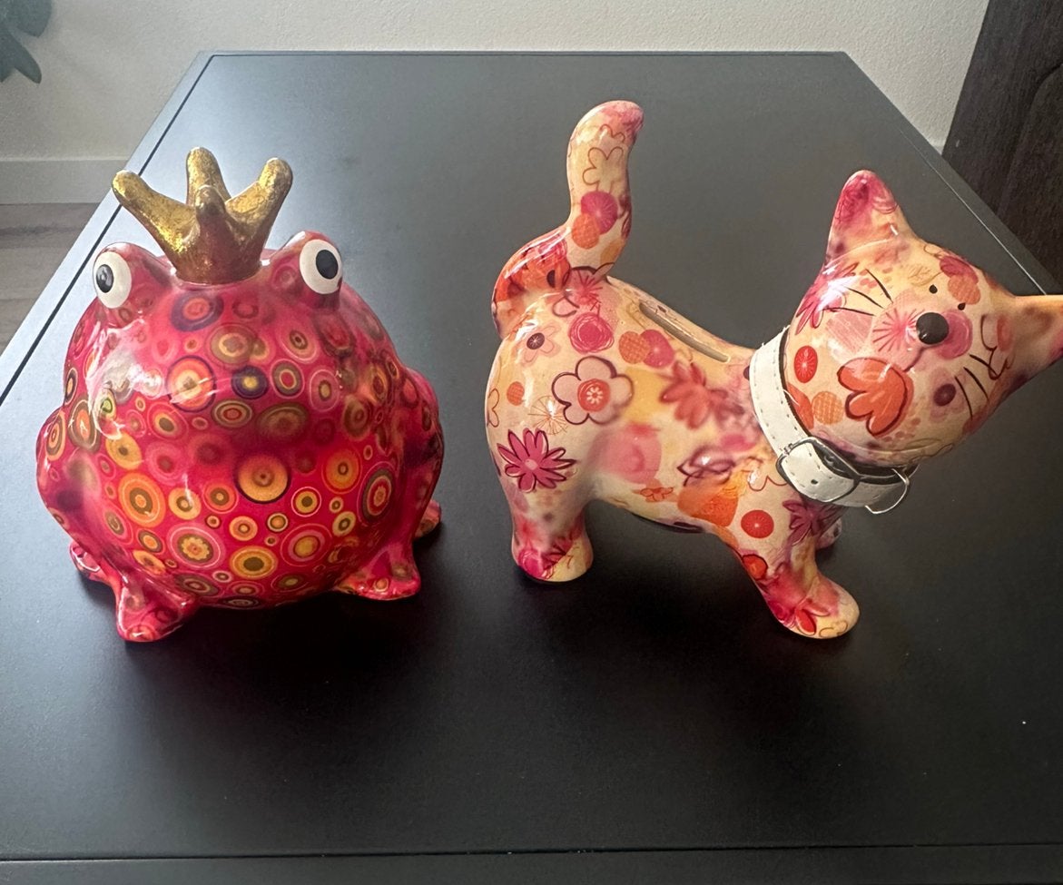 Pomme pidou spaarpotten kikker en kat, Ophalen of Verzenden, Zo goed als nieuw, Steen, Aardewerk of Keramiek, Dier