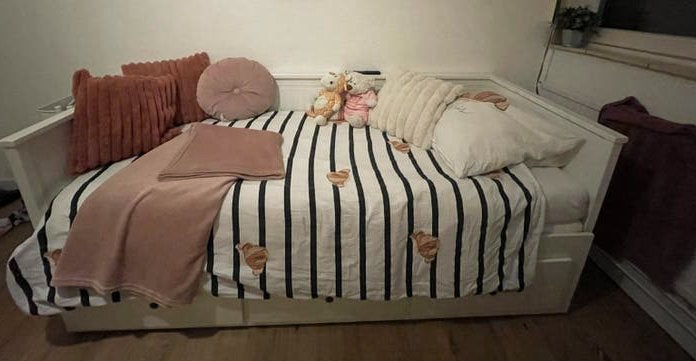 Wit bed met 3 lades, Ophalen, 90 cm, Eenpersoons, Wit