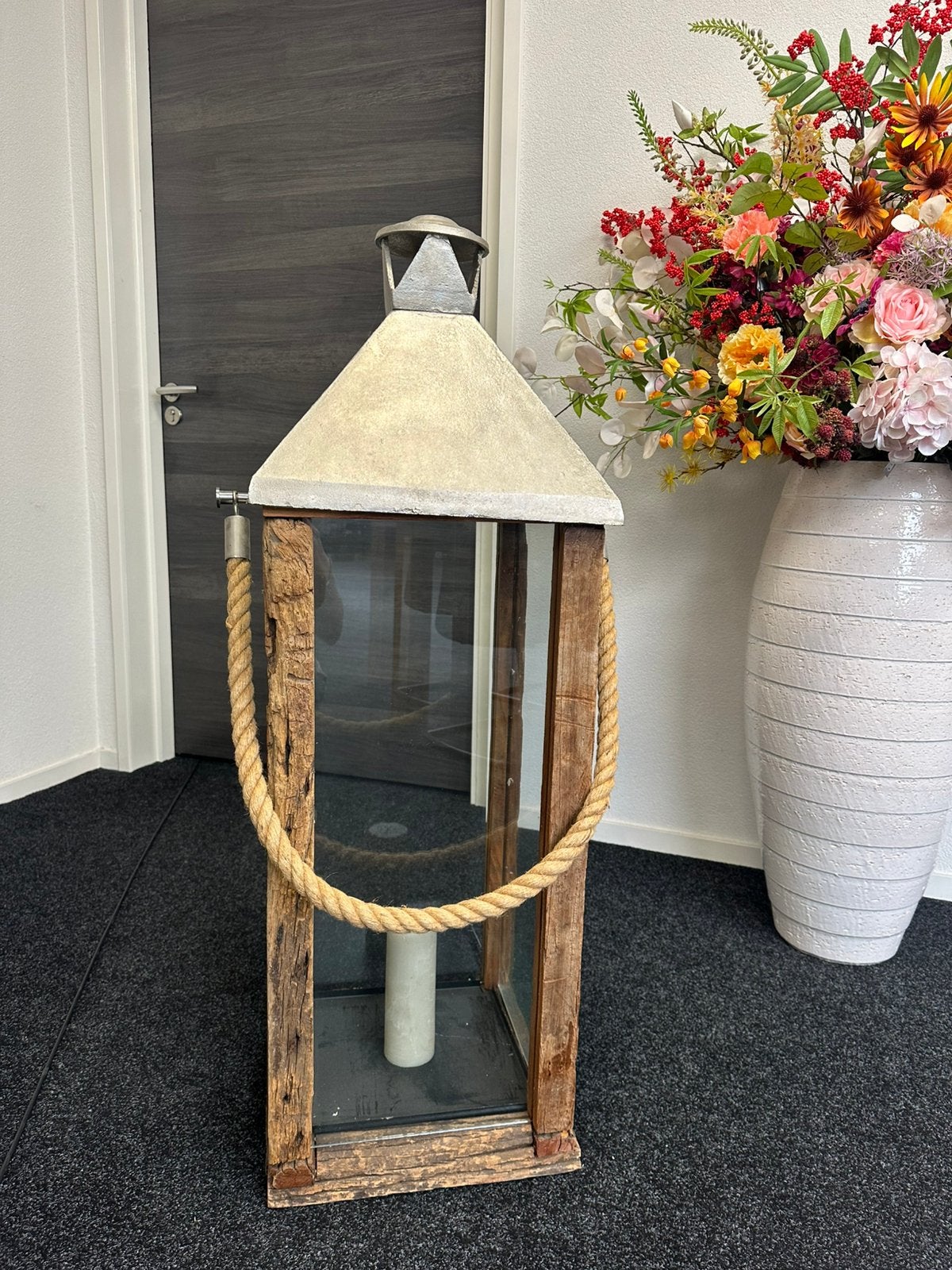 Grote landelijke lantaarn / windlicht – hout, glas & touw, Windlicht, Gebruikt, 120 cm, Ophalen of Verzenden