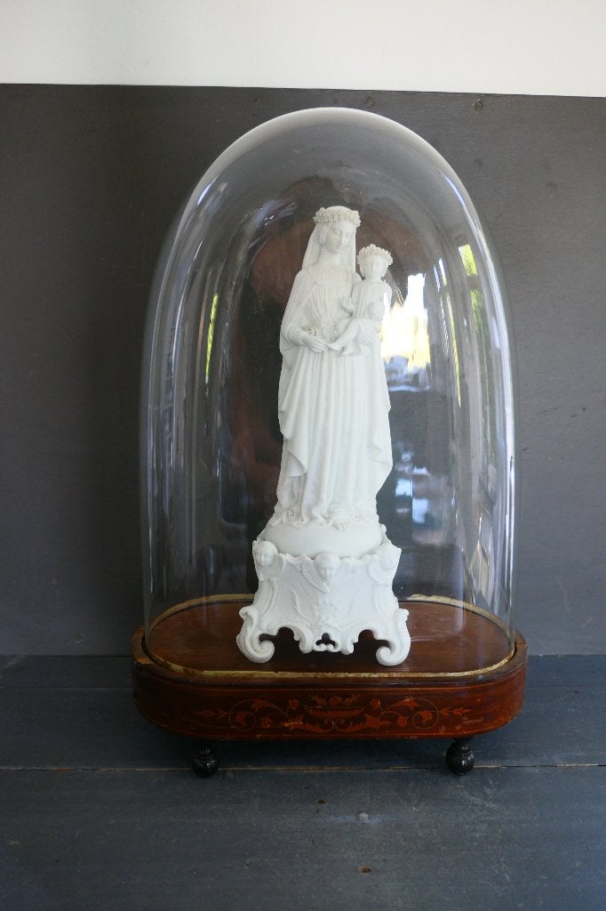Antiek Frans Beeld Maria met Jezus Biscuit Porselein + stolp, Ophalen
