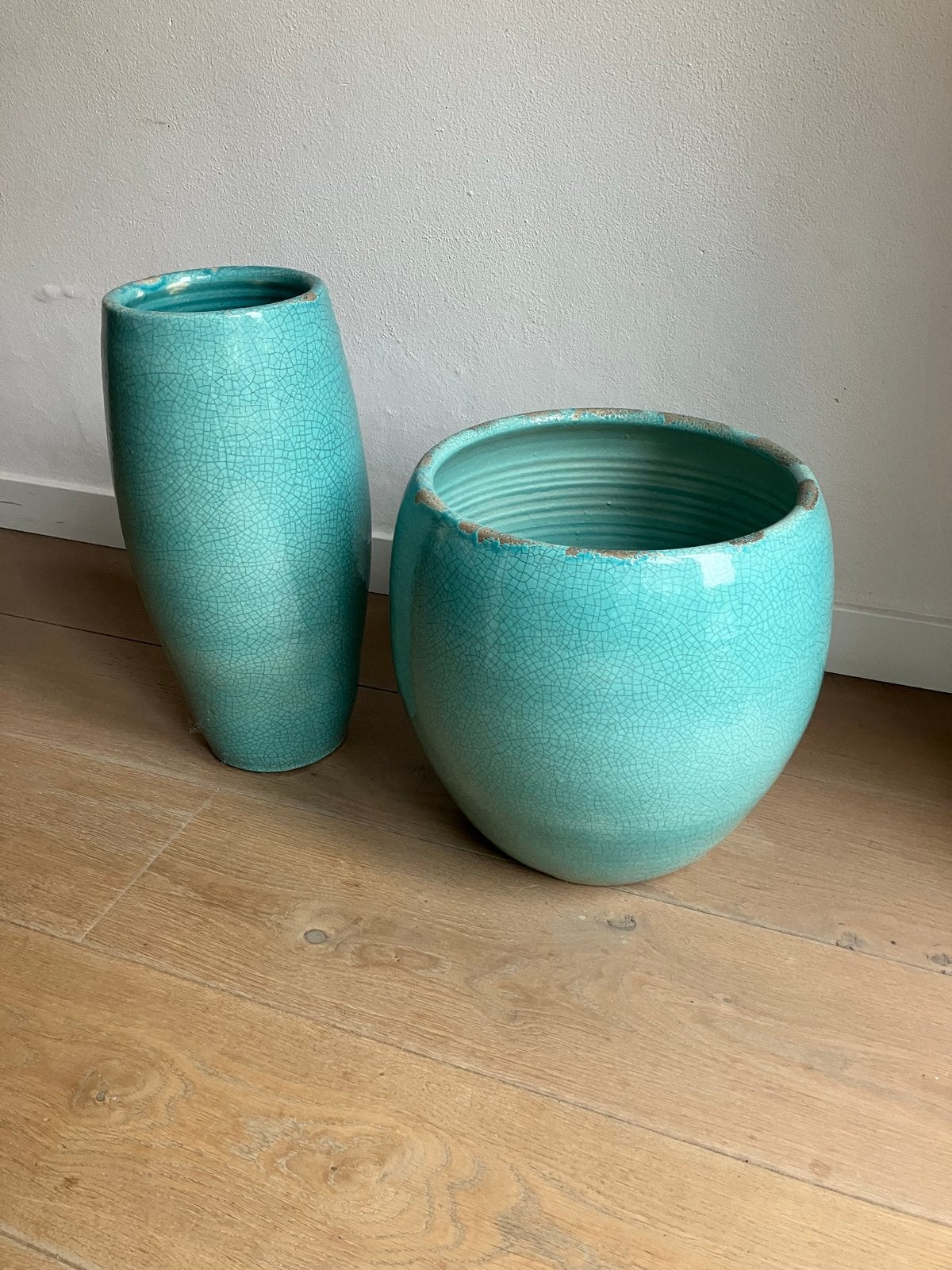 Set van 2 turquoise geglazuurde plantenpotten, Ophalen, Porselein of Keramiek, Zo goed als nieuw, Plantenpot of Plantenbak
