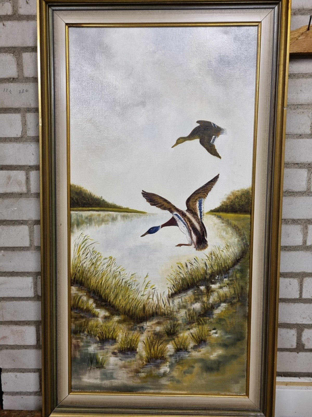Gesigneerd olieverfschilderij wilde eenden, Doek, Dieren, Ophalen of Verzenden, Olieverf