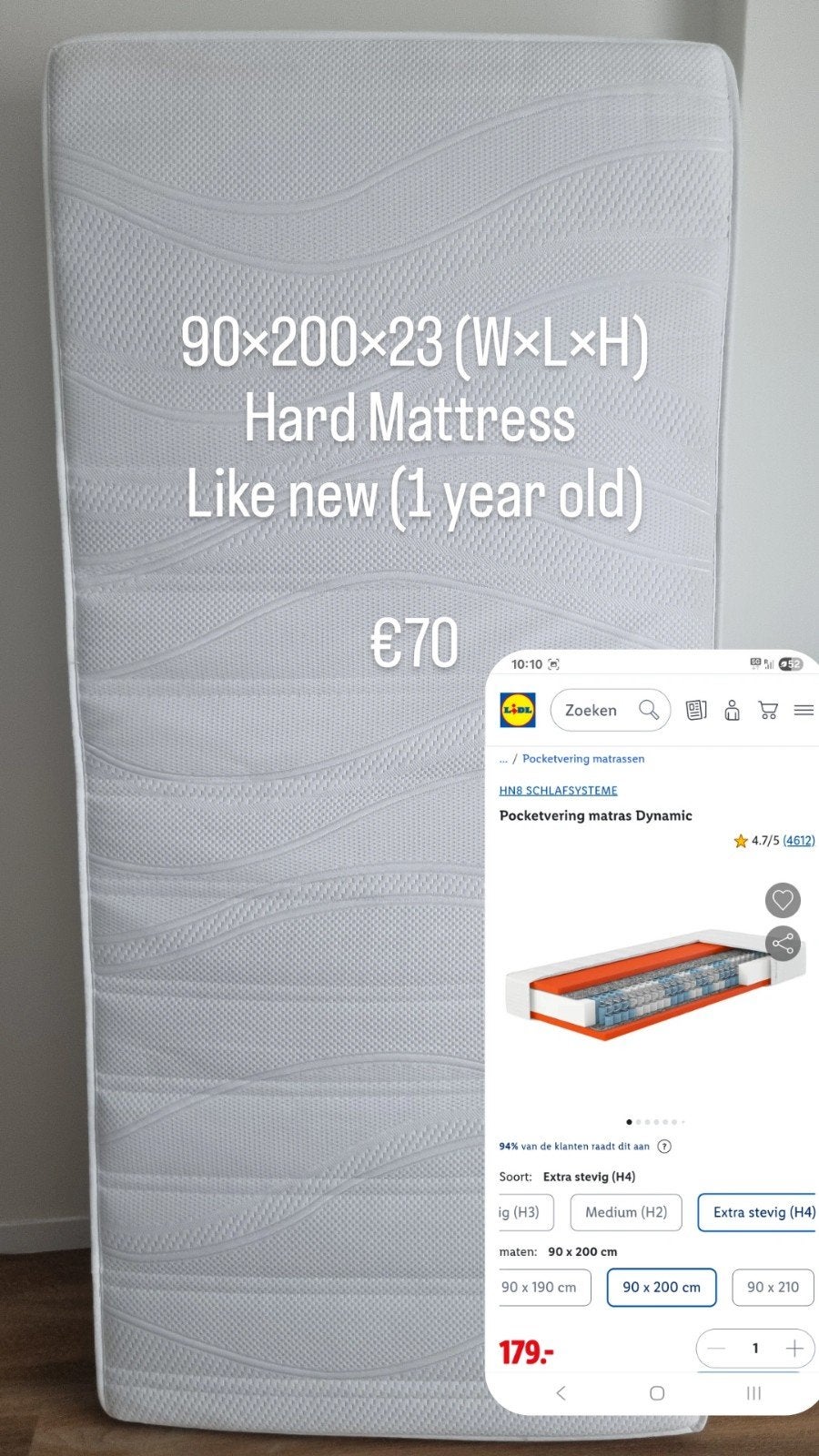 Zo goed als nieuw matras 90x200 cm - Extra stevig (H4), Ophalen, 90 cm, Eenpersoons, Zo goed als nieuw