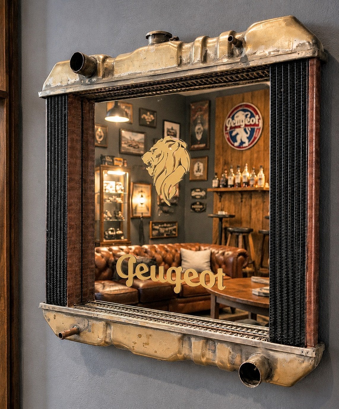 Unieke spiegel van oude radiator met Peugeot-logo, Ophalen