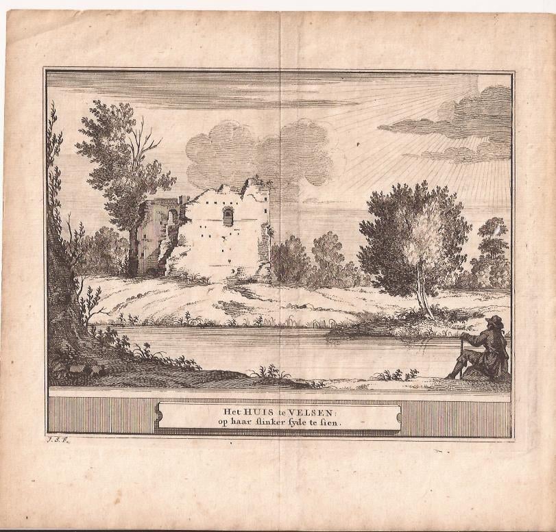 Het Huis te Velsen; op haar linker syde te sien.18e eeuw, Ophalen of Verzenden