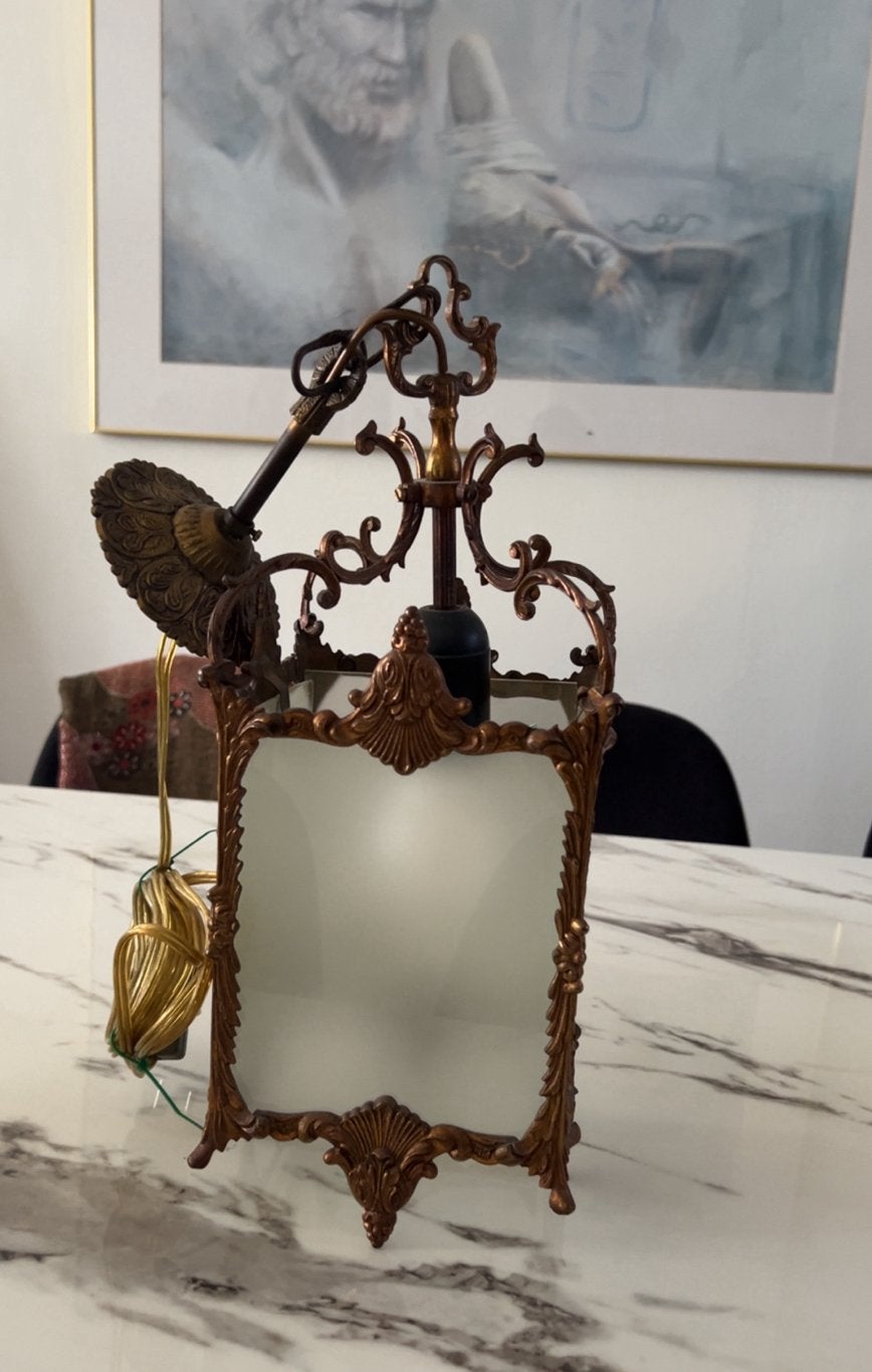 Antiek Bronzen Hanglamp met Geëtst Glas, Antiek en Kunst, Antiek | Lampen, Ophalen of Verzenden