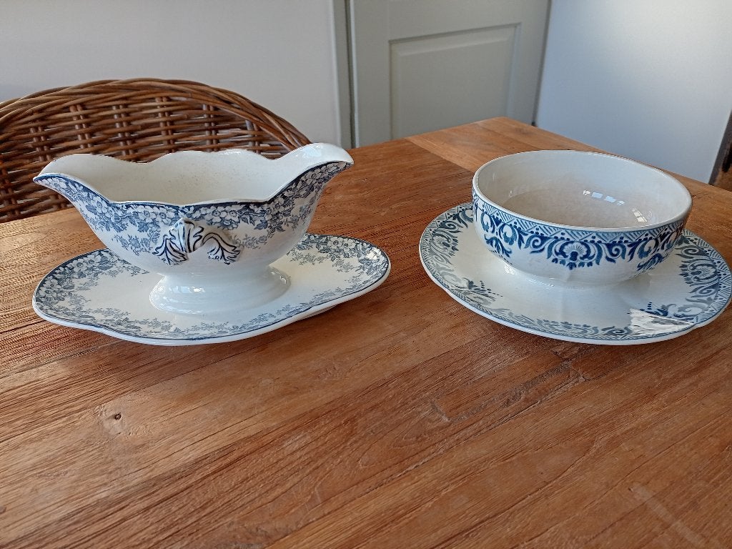 saus/juskom met vaste schotel wit/blauw 2x, Ophalen of Verzenden