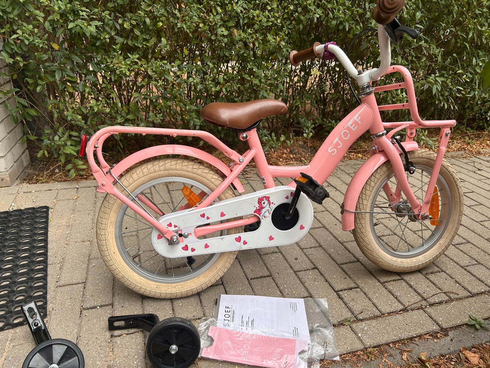 Sjoef 14 inch roze kinderfiets met zijwieltjes, Ophalen, Terugtraprem, Zijwieltjes, Gebruikt