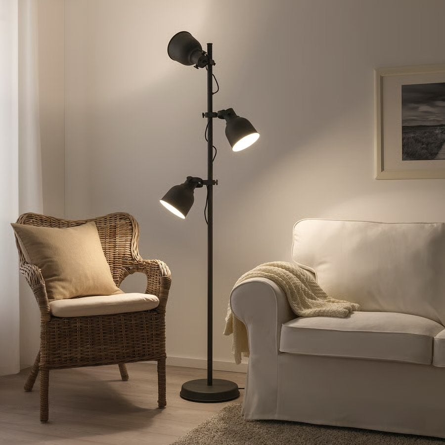 IKEA HEKTAR Vloerlamp met 3 spots, donkergrijs, Huis en Inrichting, Ophalen, E27 (groot), Zo goed als nieuw, Metaal
