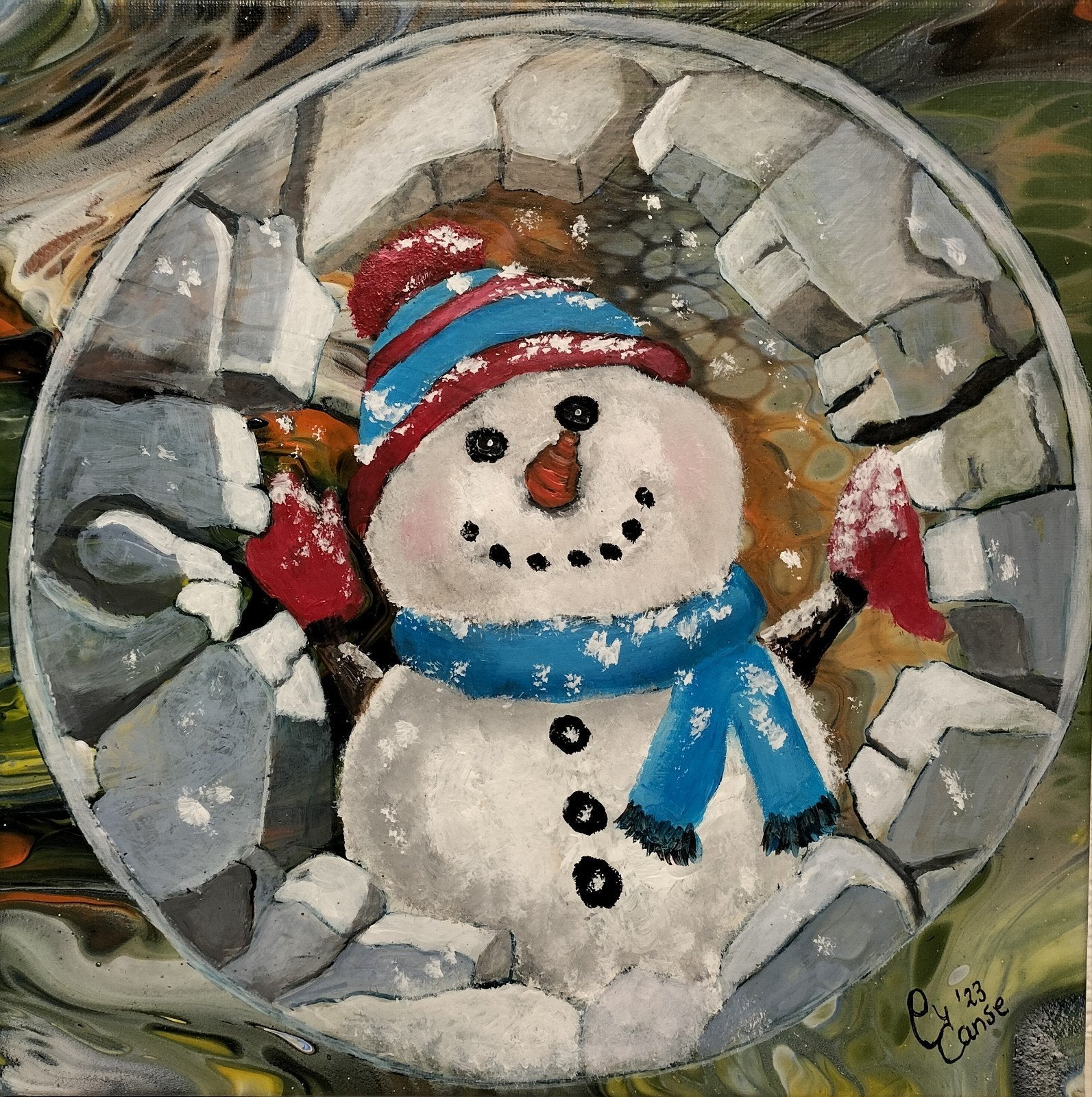 schilderij sneeuwpop, Ophalen of Verzenden, Nieuw, Minder dan 50 cm, Schilderij