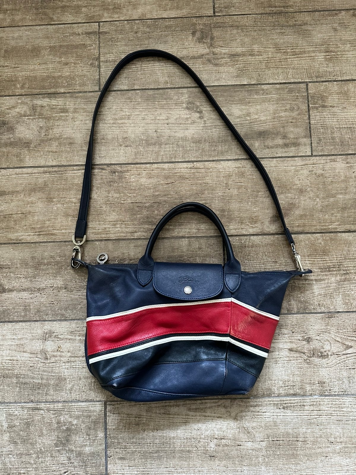 Vintage Longchamp schoudertas | Leder, Ophalen of Verzenden, Gebruikt, Blauw, Schoudertasje