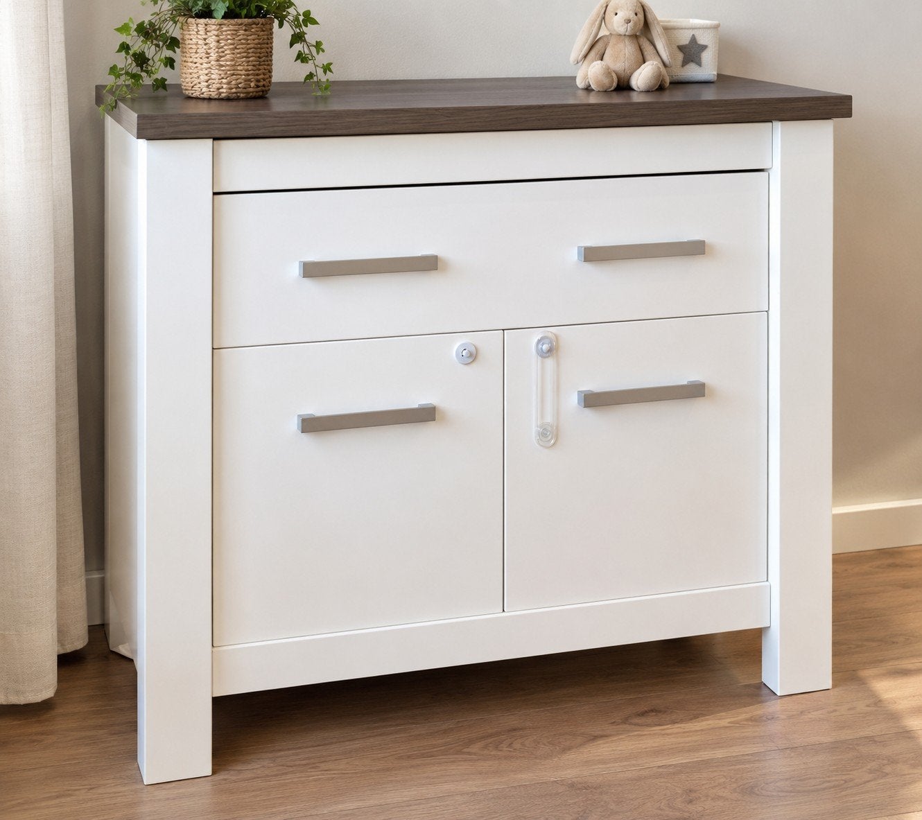 Commode met lade en deurtjes - Wit met houtlookblad, Ophalen, Gebruikt, 50 tot 70 cm, 75 tot 100 cm