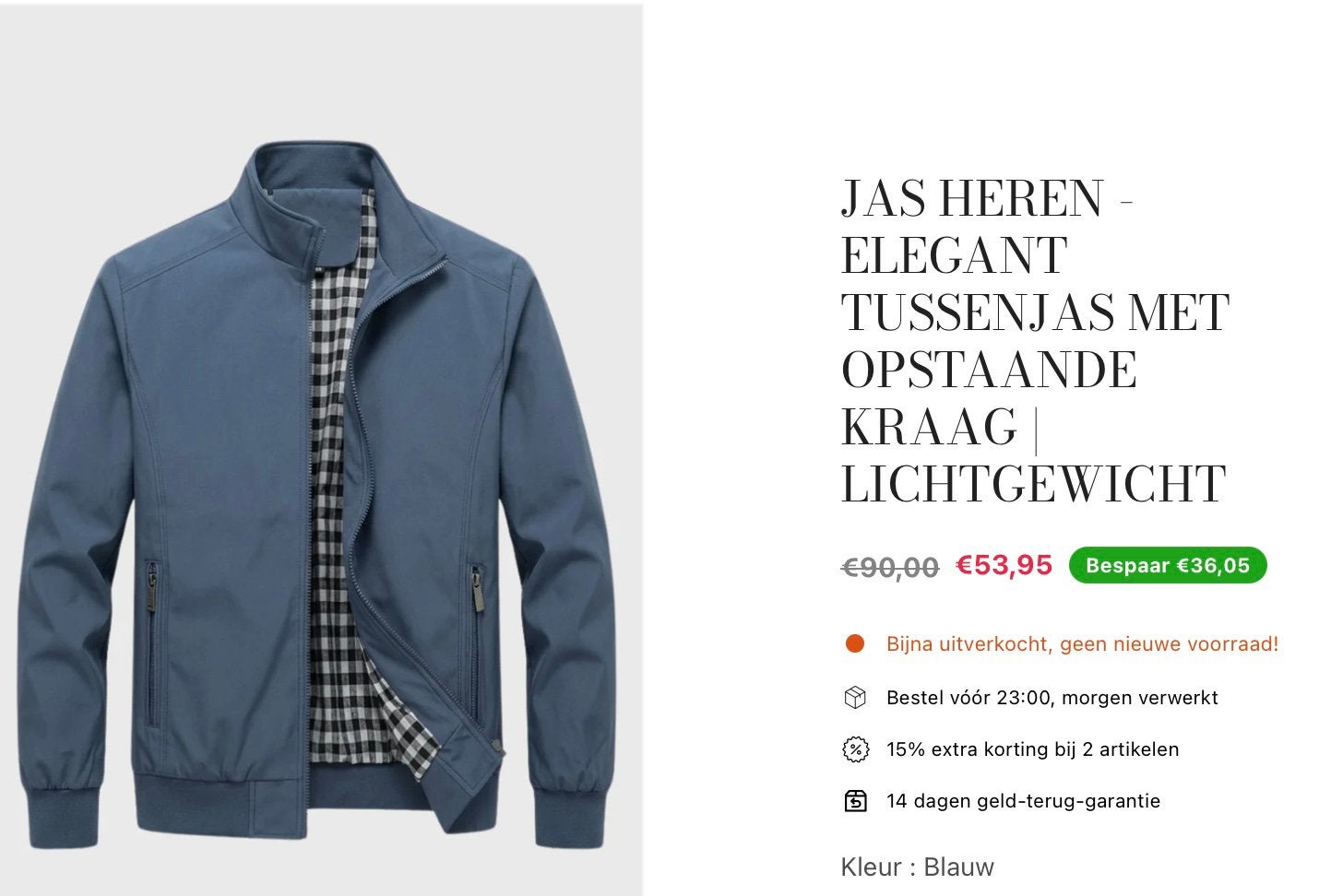 Lichtgewicht Tussenjas Heren - Elegant met Opstaande Kraag, Ophalen of Verzenden, Nieuw, Maat 56/58 (XL), Blauw
