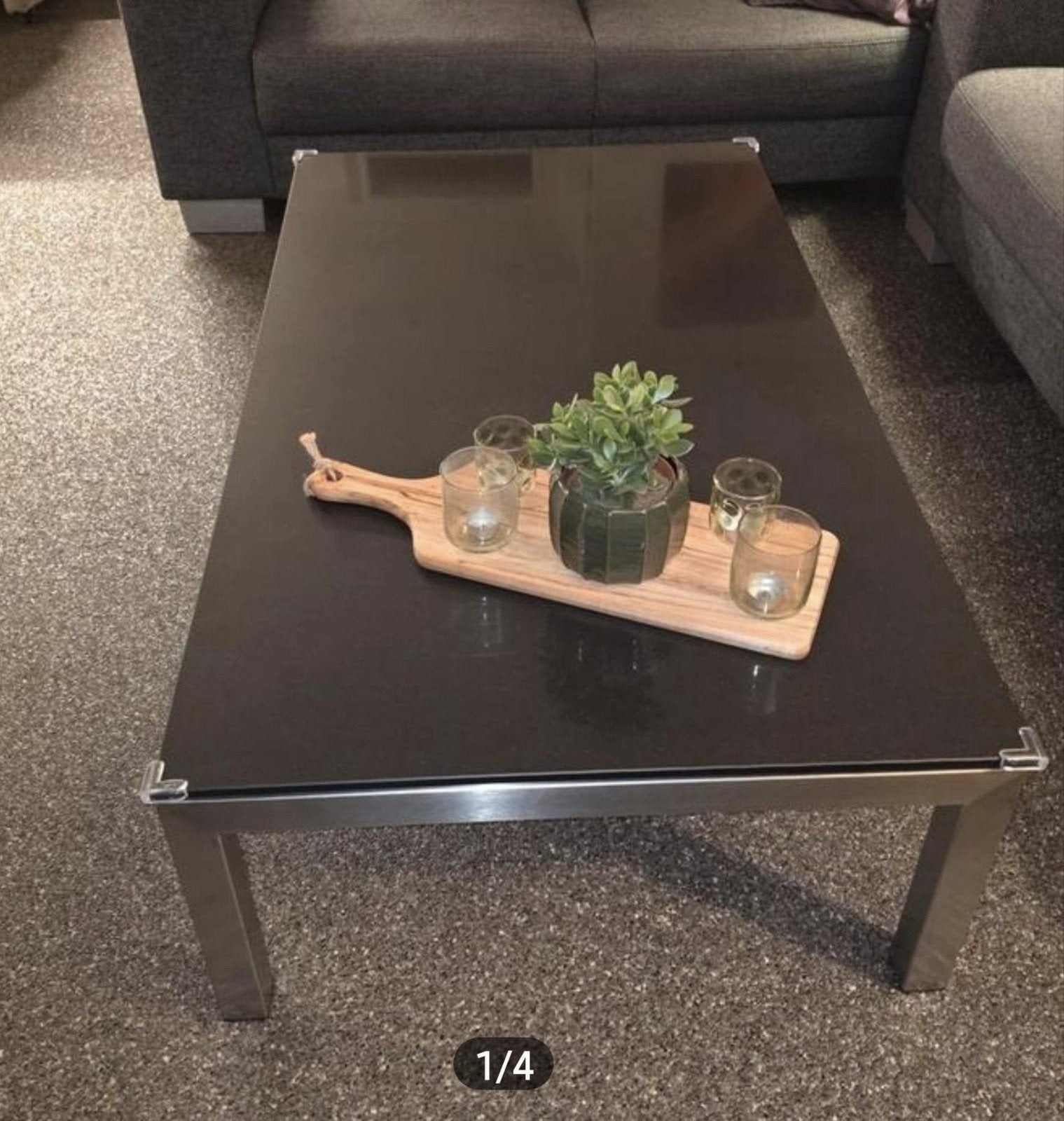 Moderne salontafel met composiet blad en RVS onderstel, Ophalen, Gebruikt, 100 tot 150 cm, Overige materialen
