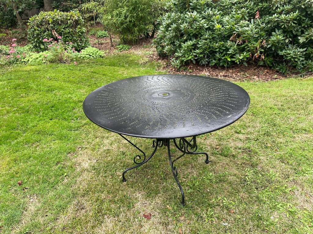 Vintage Franse metalen tuintafel, Ophalen, Gebruikt, Rond, Metaal