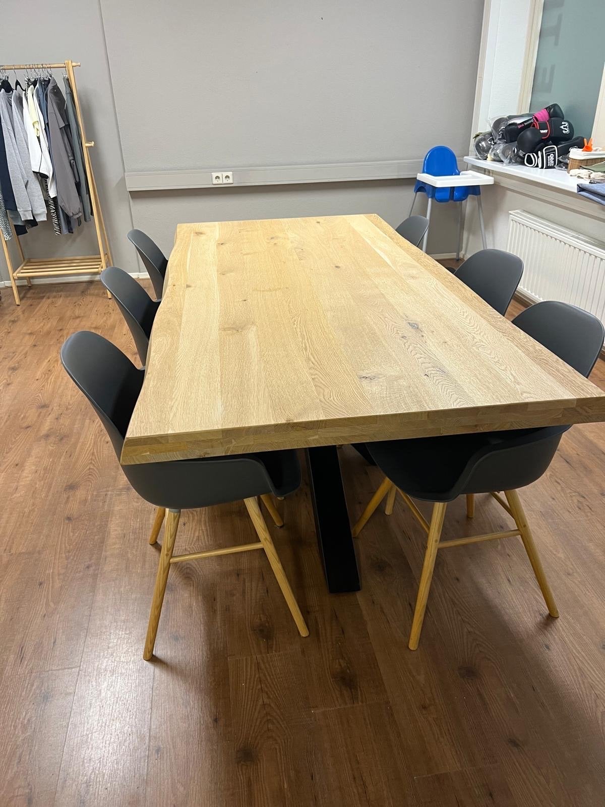 Houten eettafel met 6 Zuiver kuipstoelen, Ophalen, Gebruikt, 200 cm of meer, Vijf personen of meer