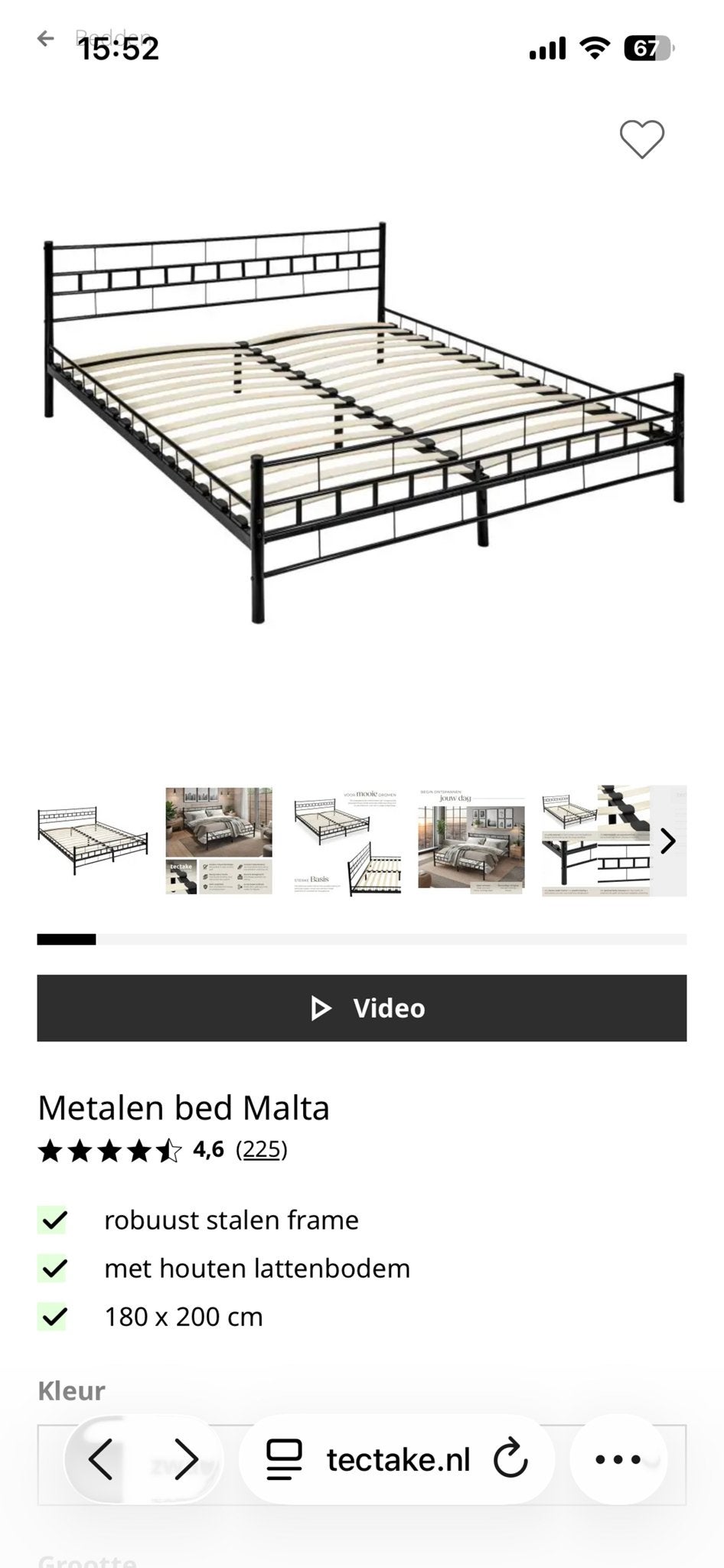 Metalen bed Malta 180x200 cm met lattenbodem, Ophalen, Zwart, Tweepersoons, Zo goed als nieuw