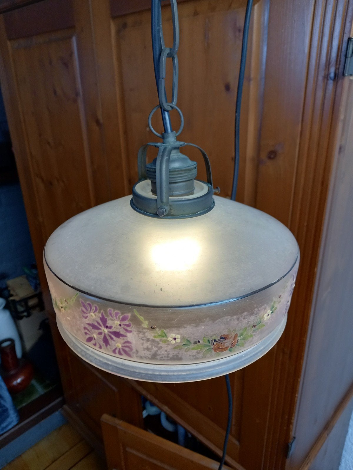 Klein vintage, art deco jaren '20 hanglampje uit Frankrijk., Huis en Inrichting, Gebruikt, Glas, Vintage jaren '20, E27 (groot)