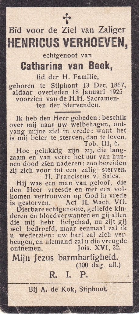 Verhoeven Henricus 1867 Stiphout 1925, Verzamelen, Bidprentjes en Rouwkaarten, Ophalen of Verzenden, Bidprentje