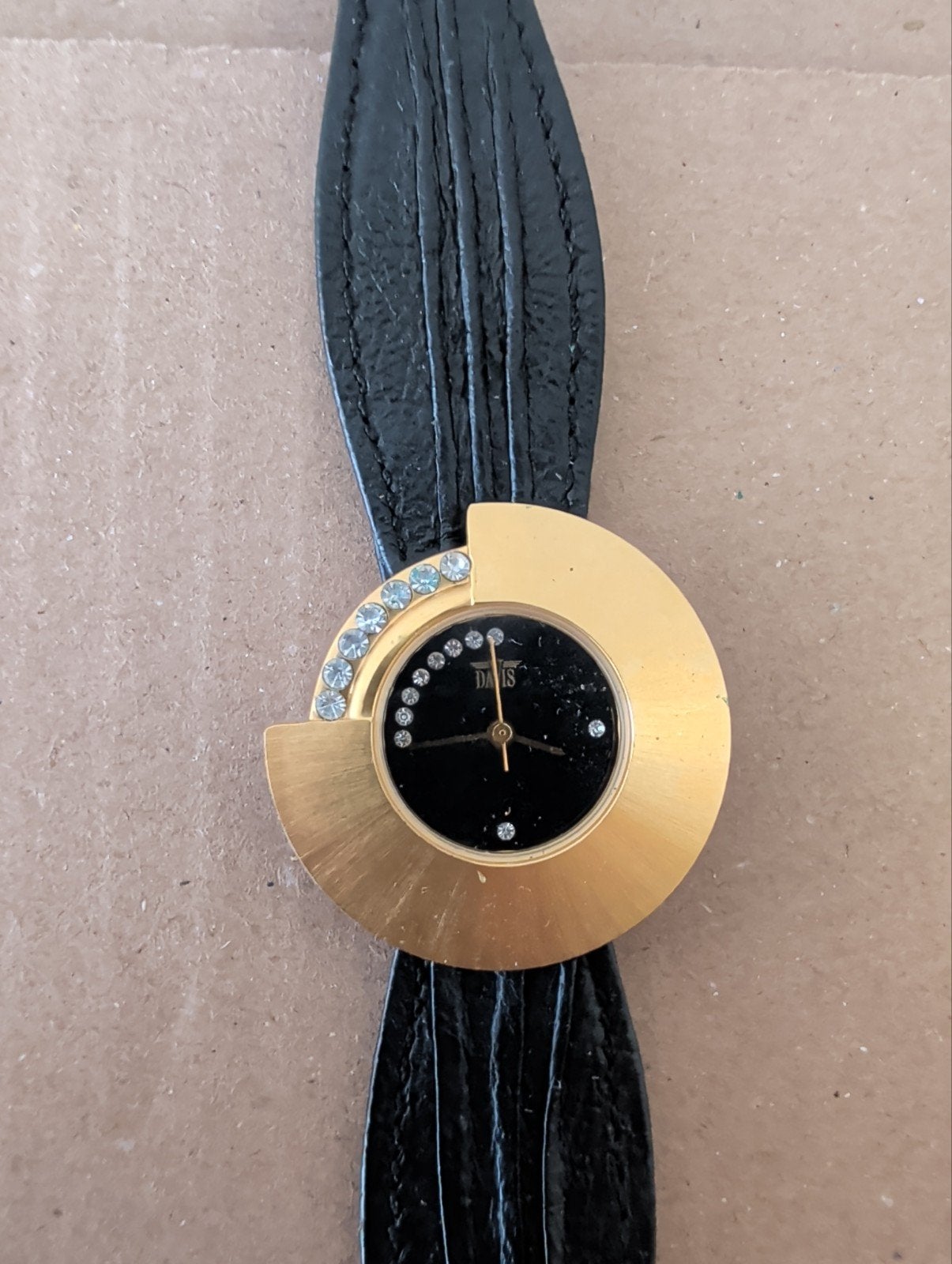 Davis 4001 Dames Polshorloge met Strass - Zwart Leer, Overige merken, Overige materialen, Polshorloge, Ophalen of Verzenden