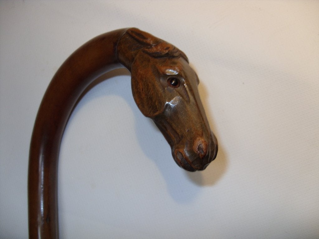 antieke wandelstok paard houtsnijwerk, Ophalen of Verzenden