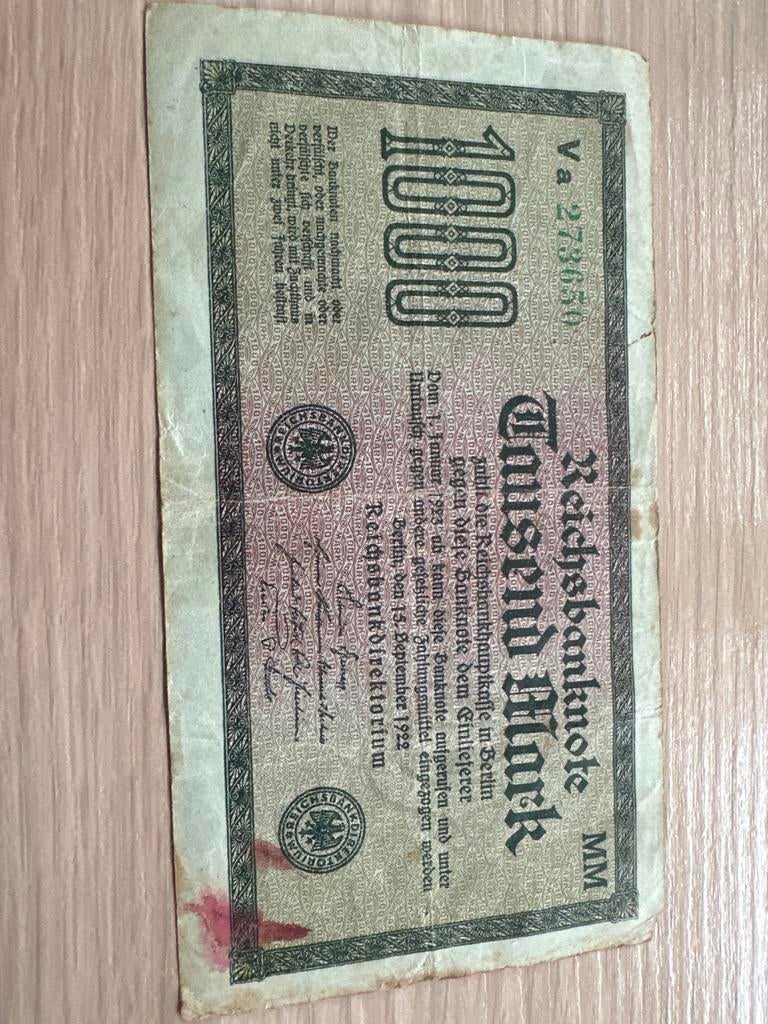 Oorlogsbiljet - 1000 Mark Reichbanknote 1922, Postzegels en Munten, Ophalen, Los biljet