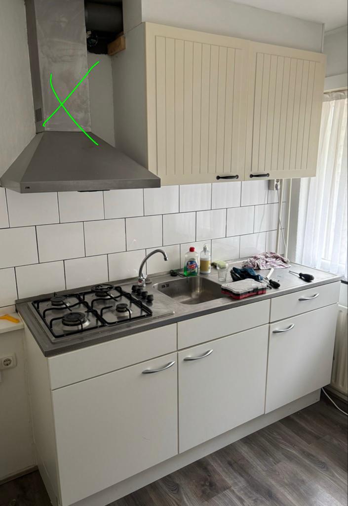 Keukenblok 180x60 met 4 bovenkastjes, gaskookplaat en spoelb, Huis en Inrichting, Ophalen, Gebruikt, Wit, Enkelwandige keuken