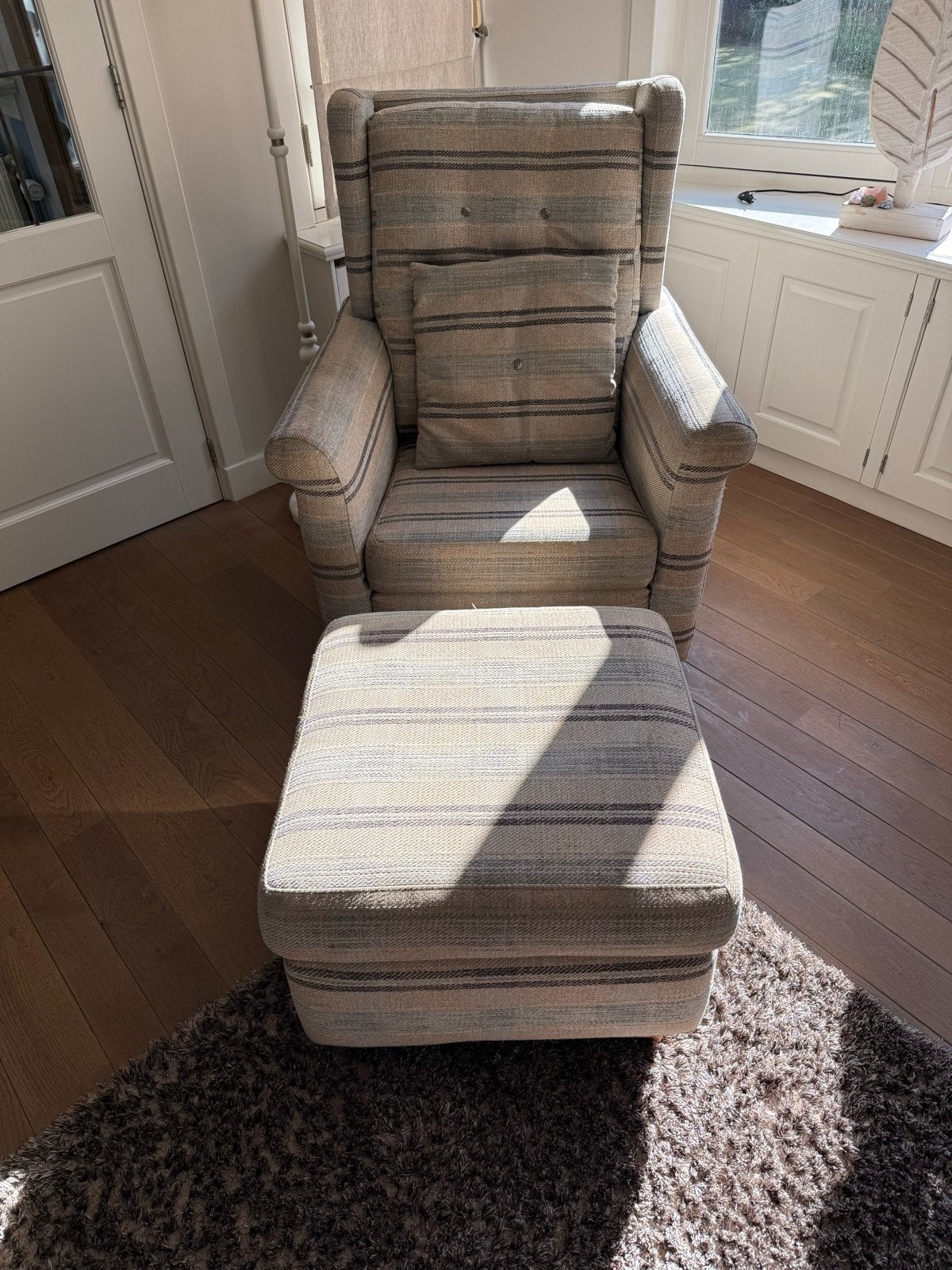 Mellington fauteuil EBelle 161 blauw ruit met hocker, Ophalen, Gebruikt, Stof, 75 tot 100 cm